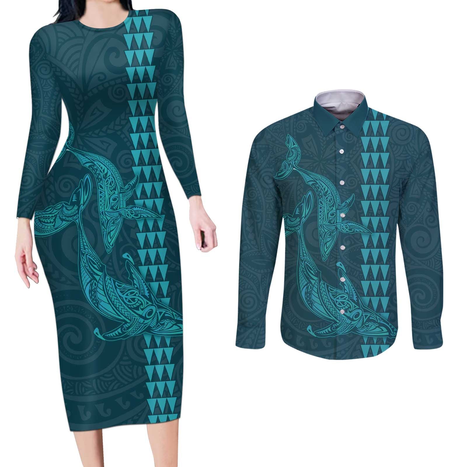 Aloha Hawaii Whale Kakau and Polynesian Tattoo Couples Matching Long Sleeve Bodycon Dress and Long Sleeve Button Shirt Turquoise Color LT03 Turquoise - Polynesian Pride