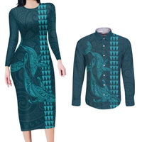 Aloha Hawaii Whale Kakau and Polynesian Tattoo Couples Matching Long Sleeve Bodycon Dress and Long Sleeve Button Shirt Turquoise Color LT03 Turquoise - Polynesian Pride
