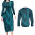 Aloha Hawaii Whale Kakau and Polynesian Tattoo Couples Matching Long Sleeve Bodycon Dress and Long Sleeve Button Shirt Turquoise Color