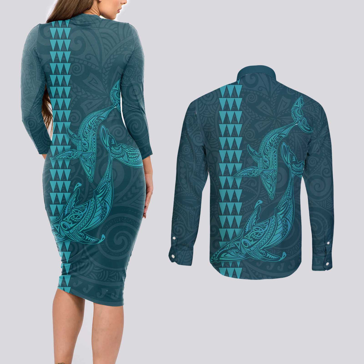 Aloha Hawaii Whale Kakau and Polynesian Tattoo Couples Matching Long Sleeve Bodycon Dress and Long Sleeve Button Shirt Turquoise Color LT03 - Polynesian Pride