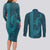 Aloha Hawaii Whale Kakau and Polynesian Tattoo Couples Matching Long Sleeve Bodycon Dress and Long Sleeve Button Shirt Turquoise Color