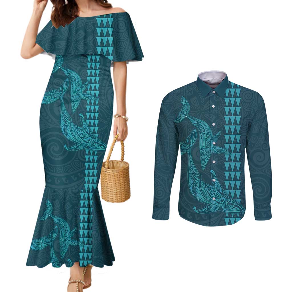 Aloha Hawaii Whale Kakau and Polynesian Tattoo Couples Matching Mermaid Dress and Long Sleeve Button Shirt Turquoise Color LT03 Turquoise - Polynesian Pride