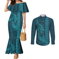 Aloha Hawaii Whale Kakau and Polynesian Tattoo Couples Matching Mermaid Dress and Long Sleeve Button Shirt Turquoise Color LT03 Turquoise - Polynesian Pride