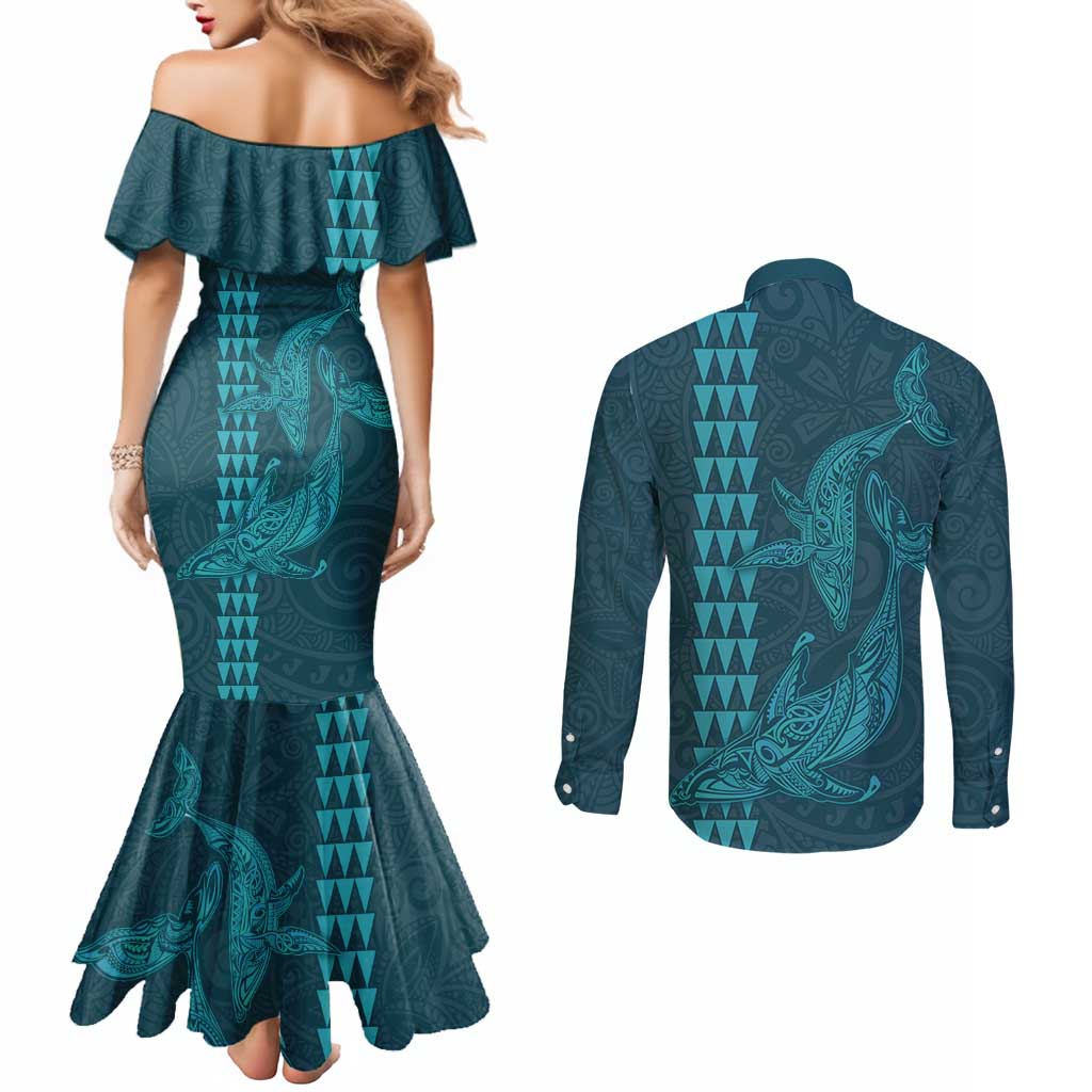 Aloha Hawaii Whale Kakau and Polynesian Tattoo Couples Matching Mermaid Dress and Long Sleeve Button Shirt Turquoise Color LT03 - Polynesian Pride