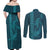Aloha Hawaii Whale Kakau and Polynesian Tattoo Couples Matching Off Shoulder Maxi Dress and Long Sleeve Button Shirt Turquoise Color