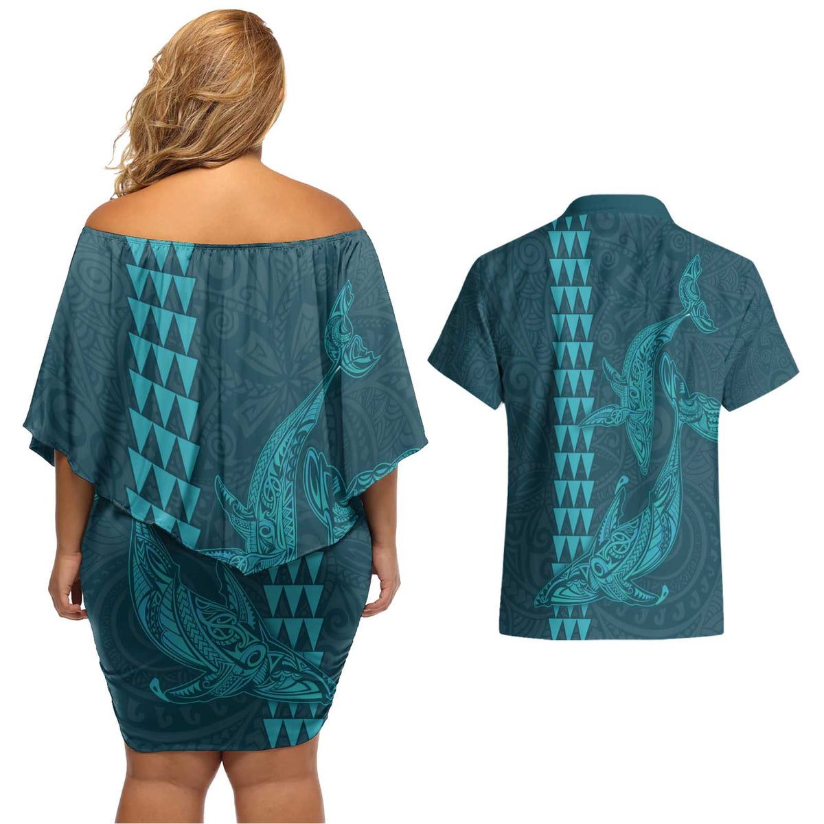 Aloha Hawaii Whale Kakau and Polynesian Tattoo Couples Matching Off Shoulder Short Dress and Hawaiian Shirt Turquoise Color LT03 - Polynesian Pride