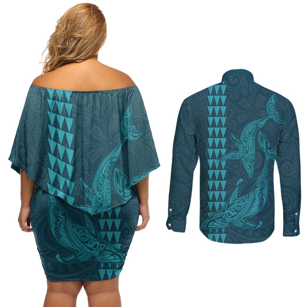 Aloha Hawaii Whale Kakau and Polynesian Tattoo Couples Matching Off Shoulder Short Dress and Long Sleeve Button Shirt Turquoise Color LT03 - Polynesian Pride