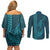 Aloha Hawaii Whale Kakau and Polynesian Tattoo Couples Matching Off Shoulder Short Dress and Long Sleeve Button Shirt Turquoise Color