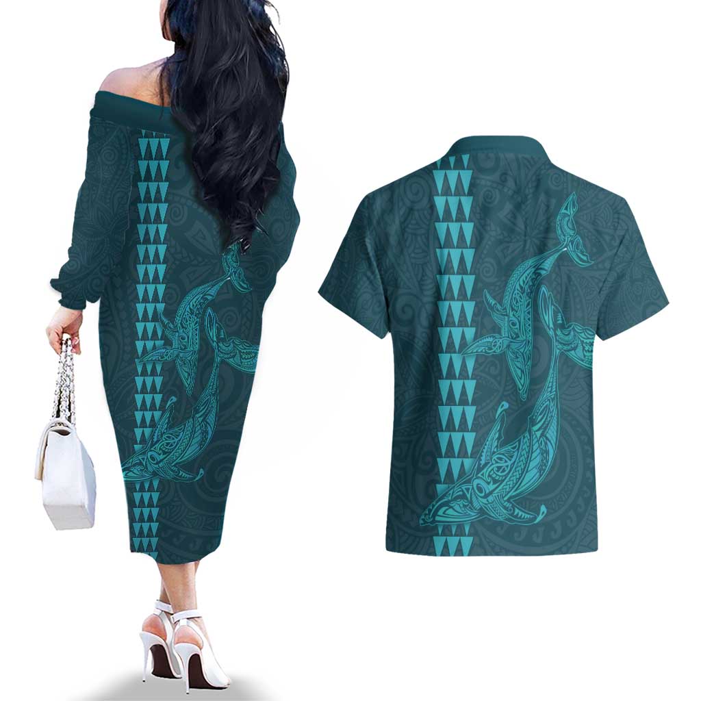 Aloha Hawaii Whale Kakau and Polynesian Tattoo Couples Matching Off The Shoulder Long Sleeve Dress and Hawaiian Shirt Turquoise Color LT03 - Polynesian Pride