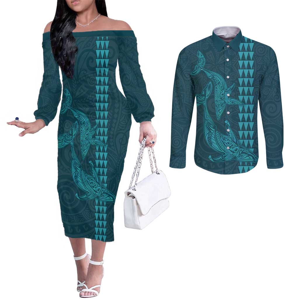 Aloha Hawaii Whale Kakau and Polynesian Tattoo Couples Matching Off The Shoulder Long Sleeve Dress and Long Sleeve Button Shirt Turquoise Color LT03 Turquoise - Polynesian Pride