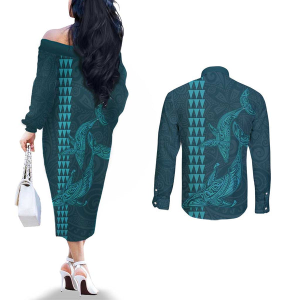 Tahiti Short Sleeve Off The Shoulder Lady Dress Kakau Style Gradient Blue main image 1