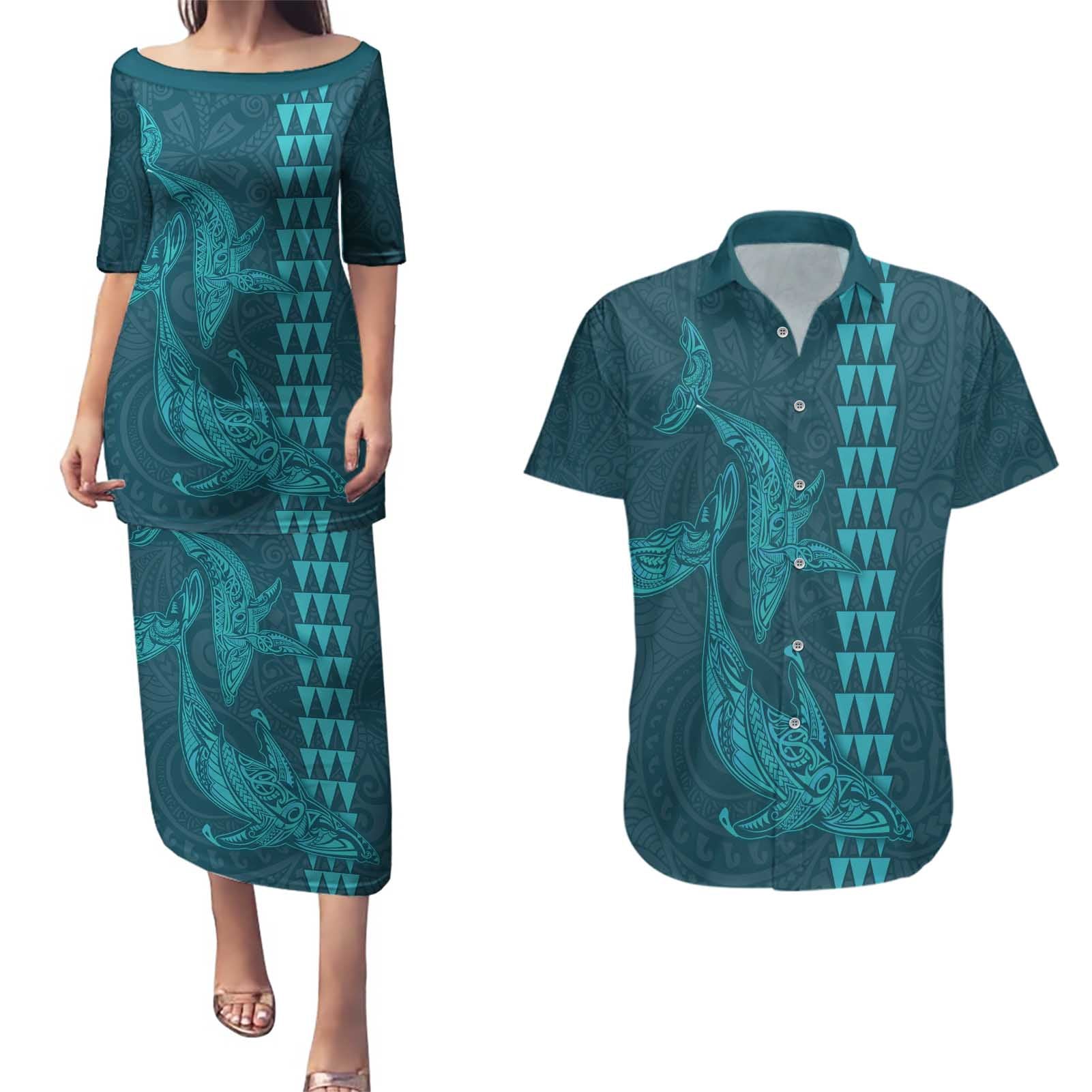 Aloha Hawaii Whale Kakau and Polynesian Tattoo Couples Matching Puletasi and Hawaiian Shirt Turquoise Color