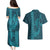Aloha Hawaii Whale Kakau and Polynesian Tattoo Couples Matching Puletasi and Hawaiian Shirt Turquoise Color