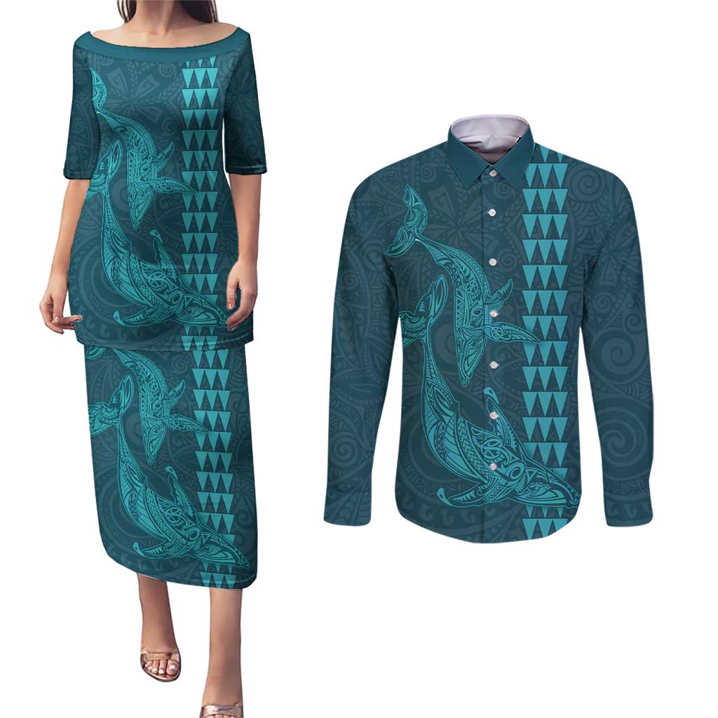 Aloha Hawaii Whale Kakau and Polynesian Tattoo Couples Matching Puletasi and Long Sleeve Button Shirt Turquoise Color