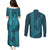 Aloha Hawaii Whale Kakau and Polynesian Tattoo Couples Matching Puletasi and Long Sleeve Button Shirt Turquoise Color