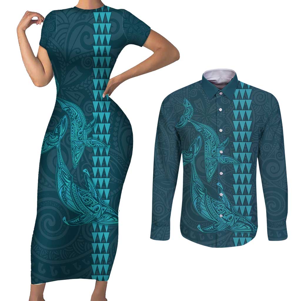 Aloha Hawaii Whale Kakau and Polynesian Tattoo Couples Matching Short Sleeve Bodycon Dress and Long Sleeve Button Shirt Turquoise Color LT03 Turquoise - Polynesian Pride