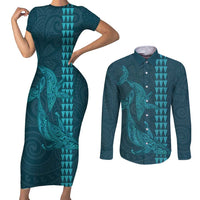 Aloha Hawaii Whale Kakau and Polynesian Tattoo Couples Matching Short Sleeve Bodycon Dress and Long Sleeve Button Shirt Turquoise Color LT03 Turquoise - Polynesian Pride