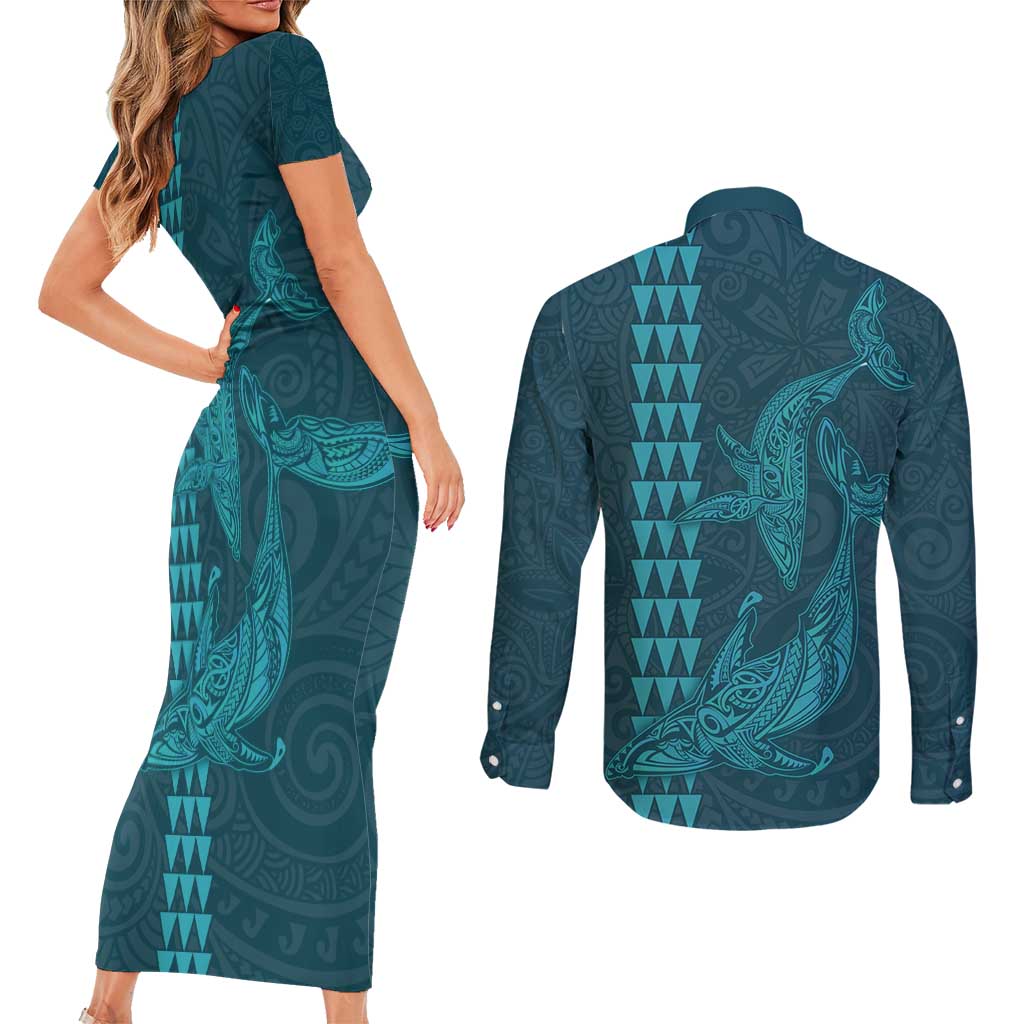 Aloha Hawaii Whale Kakau and Polynesian Tattoo Couples Matching Short Sleeve Bodycon Dress and Long Sleeve Button Shirt Turquoise Color LT03 - Polynesian Pride