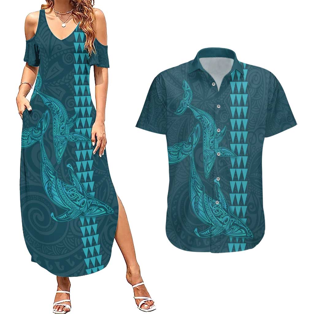 Aloha Hawaii Whale Kakau and Polynesian Tattoo Couples Matching Summer Maxi Dress and Hawaiian Shirt Turquoise Color LT03 Turquoise - Polynesian Pride