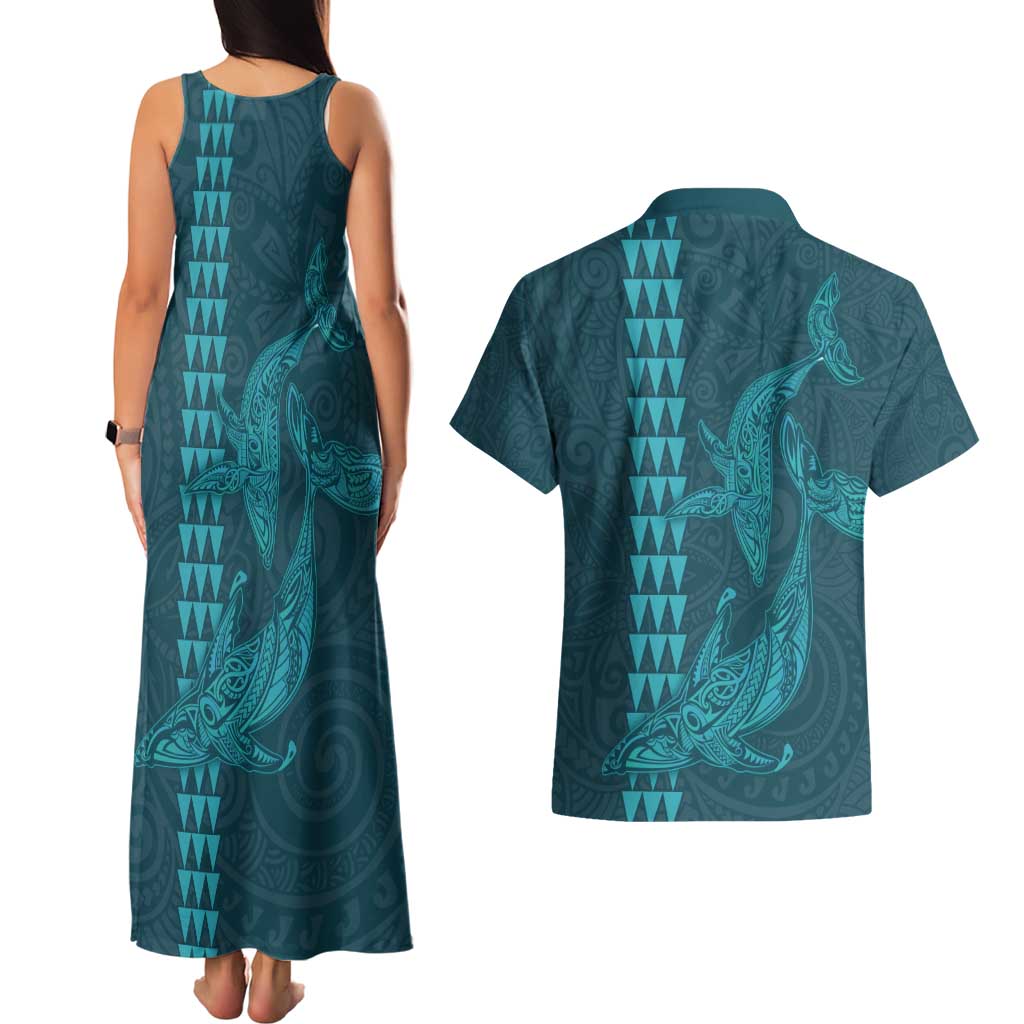 Aloha Hawaii Whale Kakau and Polynesian Tattoo Couples Matching Tank Maxi Dress and Hawaiian Shirt Turquoise Color LT03 - Polynesian Pride