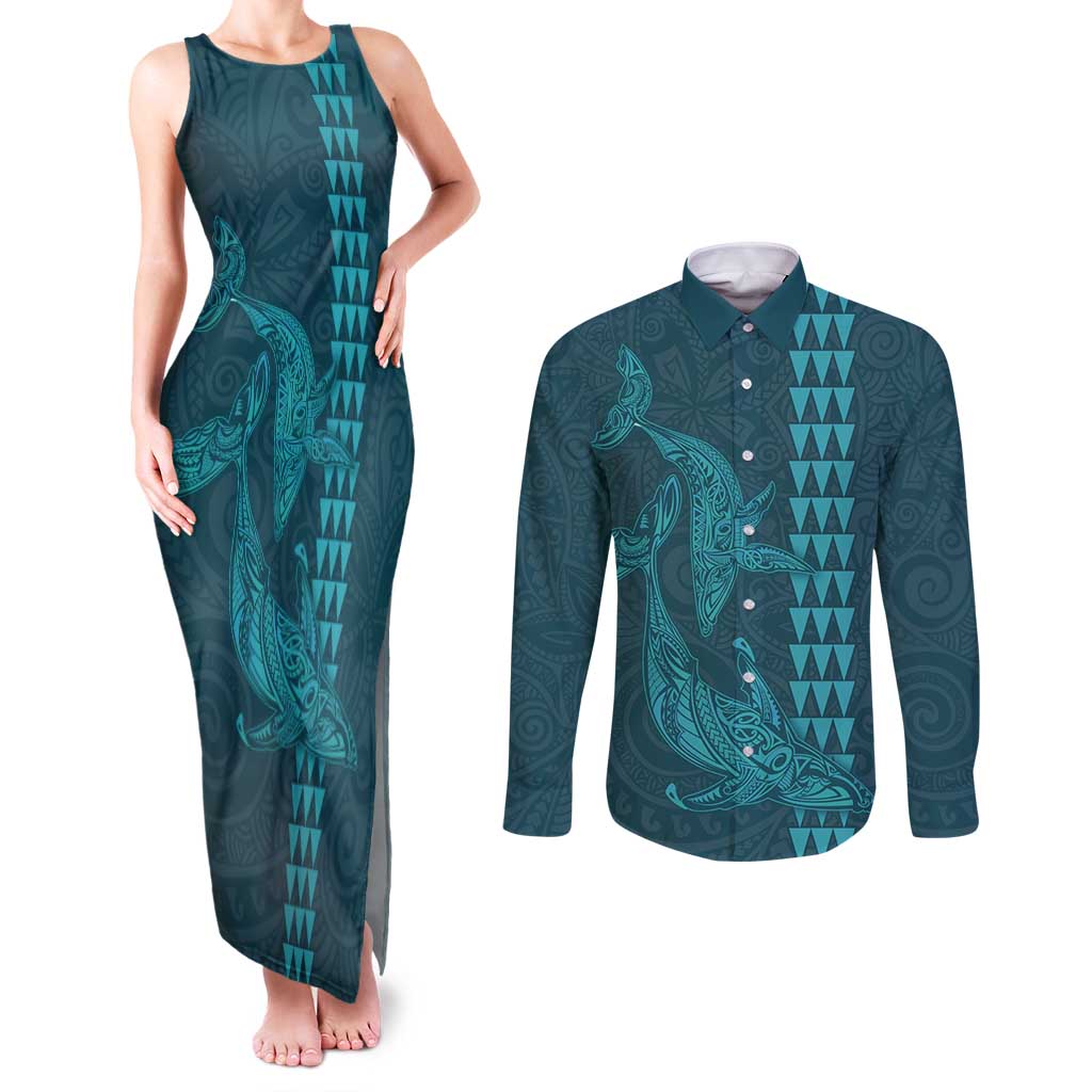 Aloha Hawaii Whale Kakau and Polynesian Tattoo Couples Matching Tank Maxi Dress and Long Sleeve Button Shirt Turquoise Color LT03 Turquoise - Polynesian Pride