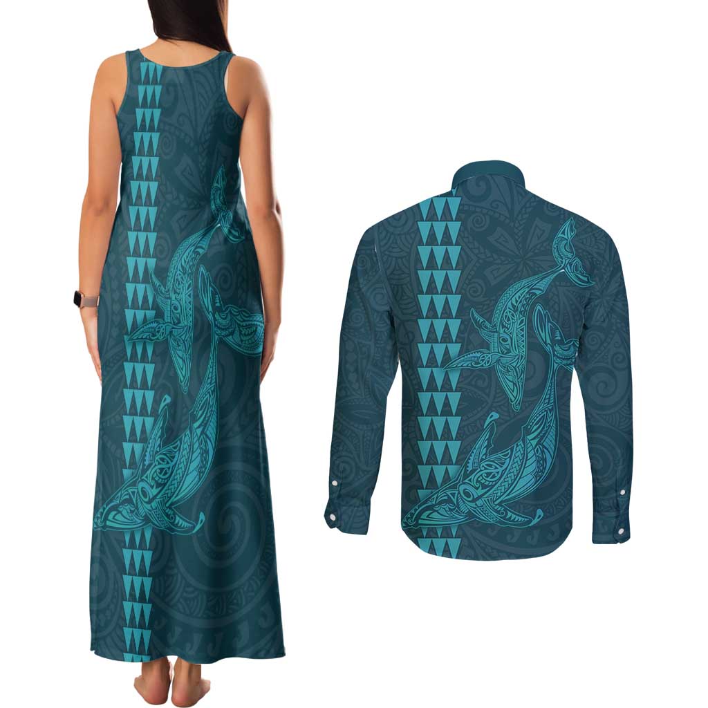 Aloha Hawaii Whale Kakau and Polynesian Tattoo Couples Matching Tank Maxi Dress and Long Sleeve Button Shirt Turquoise Color LT03 - Polynesian Pride