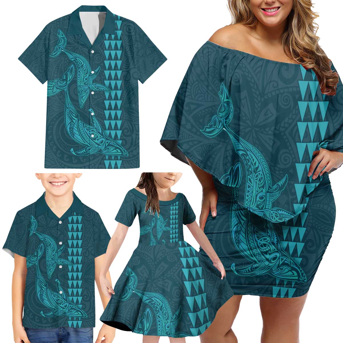 Aloha Hawaii Whale Kakau and Polynesian Tattoo Family Matching Off Shoulder Short Dress and Hawaiian Shirt Turquoise Color LT03 - Polynesian Pride