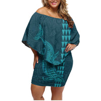 Aloha Hawaii Whale Kakau and Polynesian Tattoo Family Matching Off Shoulder Short Dress and Hawaiian Shirt Turquoise Color