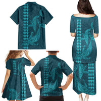 Aloha Hawaii Whale Kakau and Polynesian Tattoo Family Matching Puletasi and Hawaiian Shirt Turquoise Color