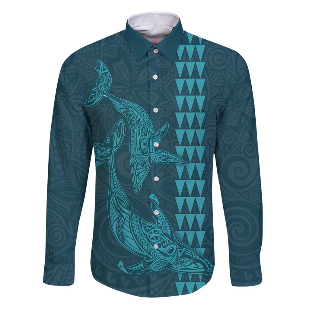 Aloha Hawaii Whale Kakau and Polynesian Tattoo Family Matching Summer Maxi Dress and Hawaiian Shirt Turquoise Color LT03 Dad's Shirt - Long Sleeve Turquoise - Polynesian Pride