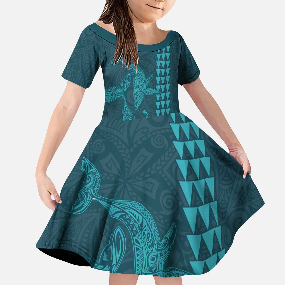 Aloha Hawaii Whale Kakau and Polynesian Tattoo Kid Short Sleeve Dress Turquoise Color