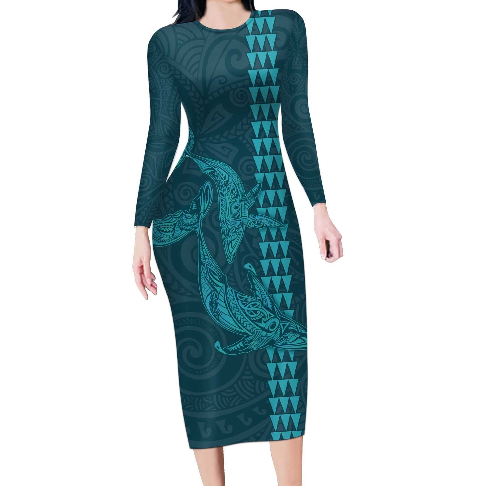 Aloha Hawaii Whale Kakau and Polynesian Tattoo Long Sleeve Bodycon Dress Turquoise Color