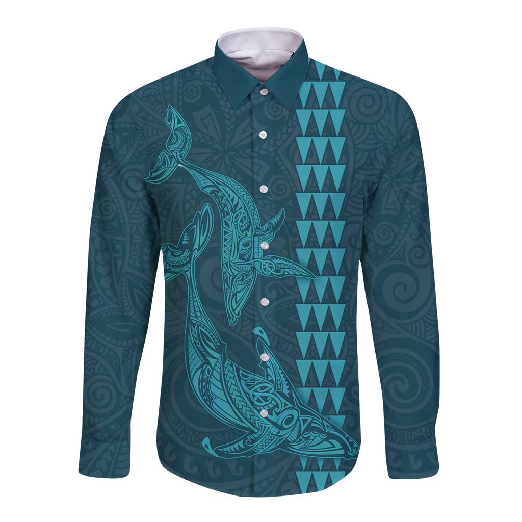 Aloha Hawaii Whale Kakau and Polynesian Tattoo Long Sleeve Button Shirt Turquoise Color LT03 Unisex Turquoise - Polynesian Pride