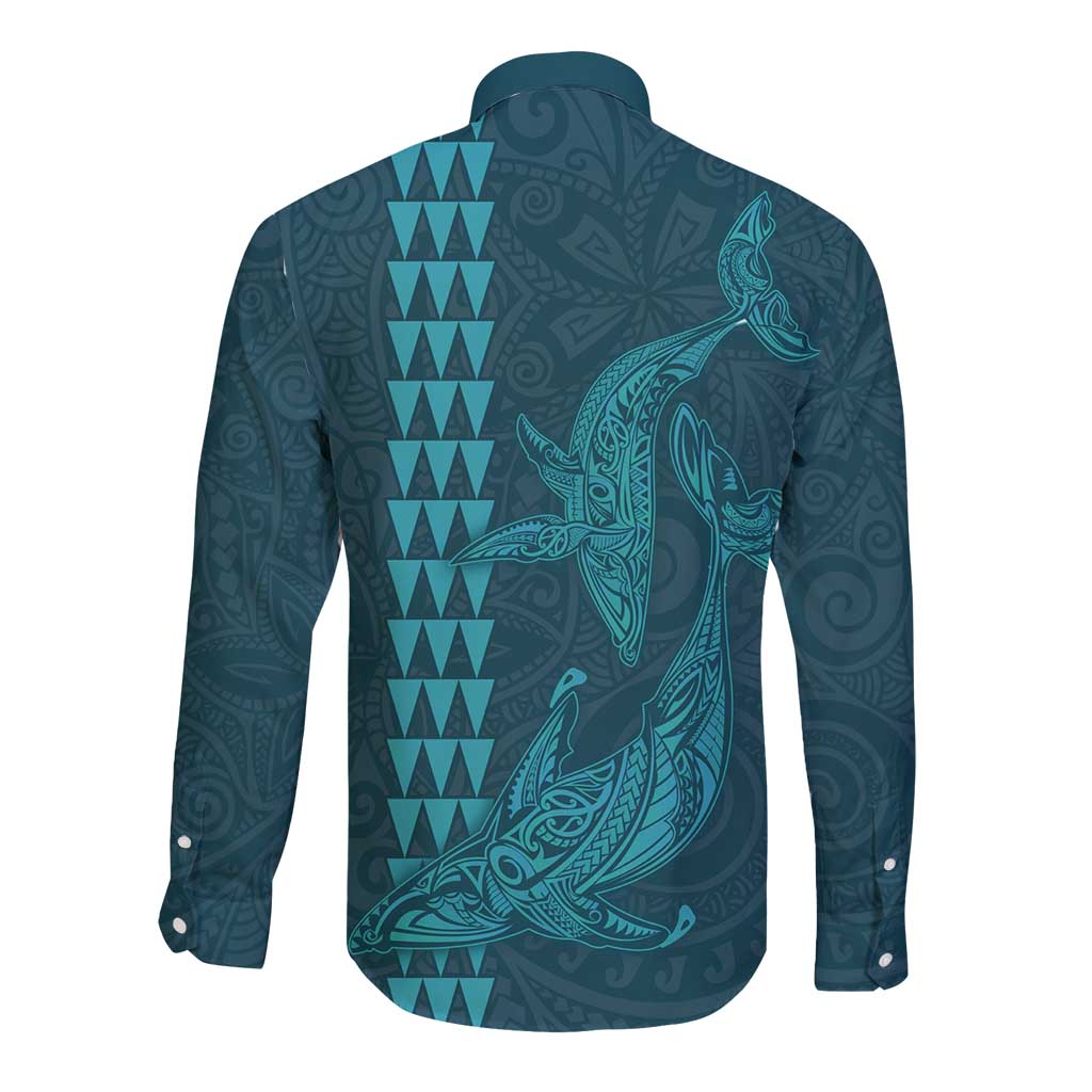 Aloha Hawaii Whale Kakau and Polynesian Tattoo Long Sleeve Button Shirt Turquoise Color LT03 - Polynesian Pride