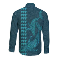 Aloha Hawaii Whale Kakau and Polynesian Tattoo Long Sleeve Button Shirt Turquoise Color LT03 - Polynesian Pride