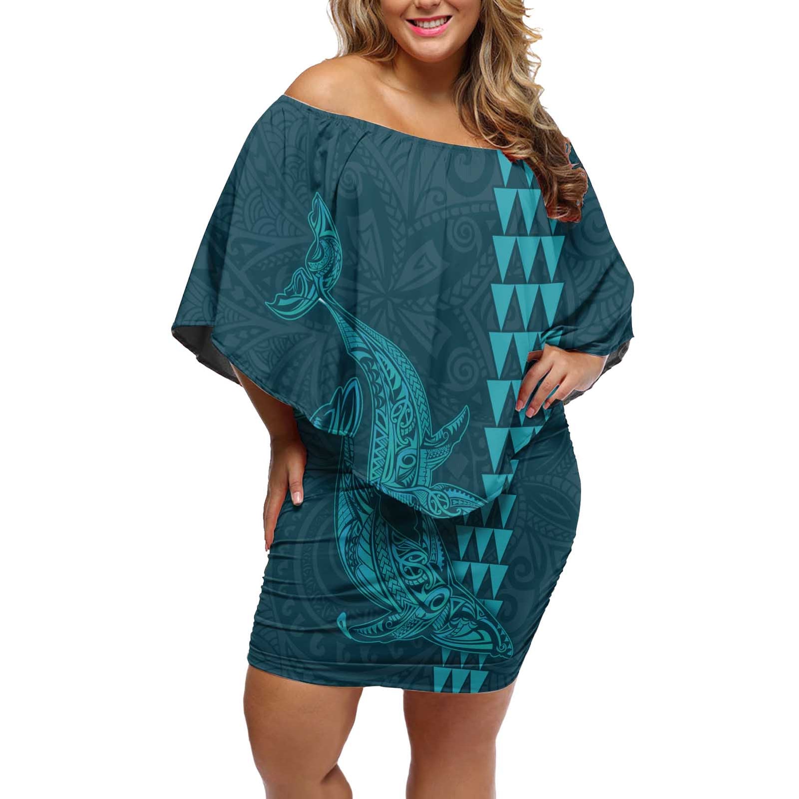 Aloha Hawaii Whale Kakau and Polynesian Tattoo Off Shoulder Short Dress Turquoise Color LT03 Women Turquoise - Polynesian Pride
