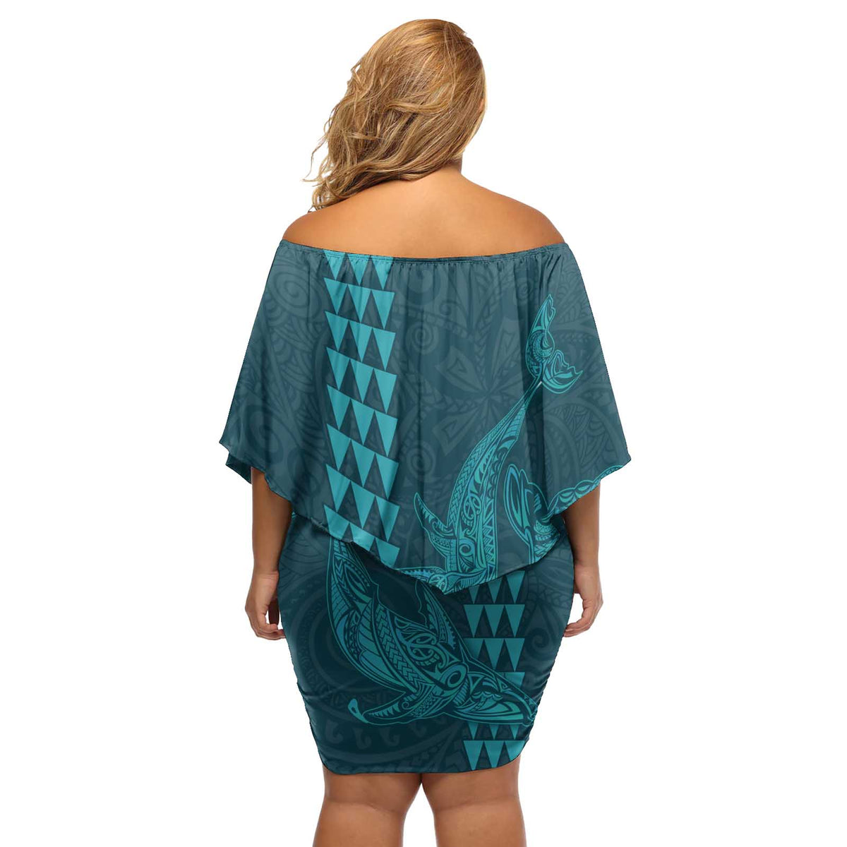 Aloha Hawaii Whale Kakau and Polynesian Tattoo Off Shoulder Short Dress Turquoise Color