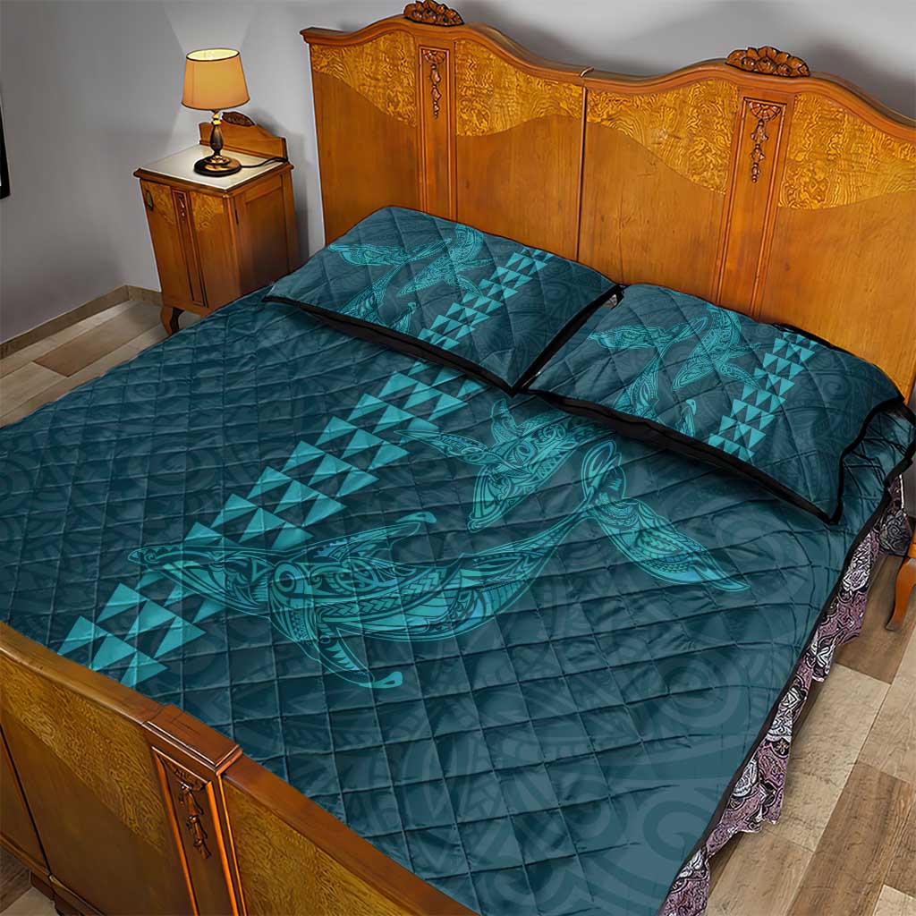 Aloha Hawaii Whale Kakau and Polynesian Tattoo Quilt Bed Set Turquoise Color