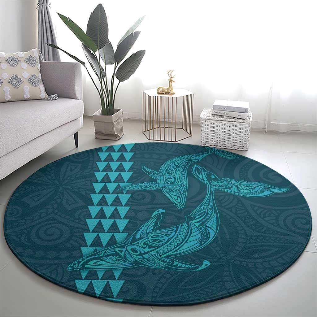 Aloha Hawaii Whale Kakau and Polynesian Tattoo Round Carpet Turquoise Color LT03 - Polynesian Pride