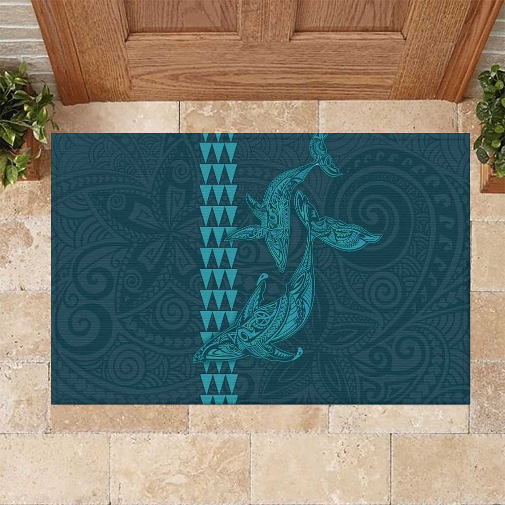 Aloha Hawaii Whale Kakau and Polynesian Tattoo Rubber Doormat Turquoise Color