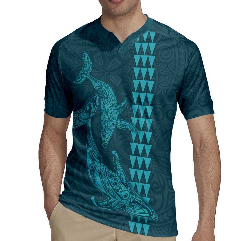 Aloha Hawaii Whale Kakau and Polynesian Tattoo Rugby Jersey Turquoise Color