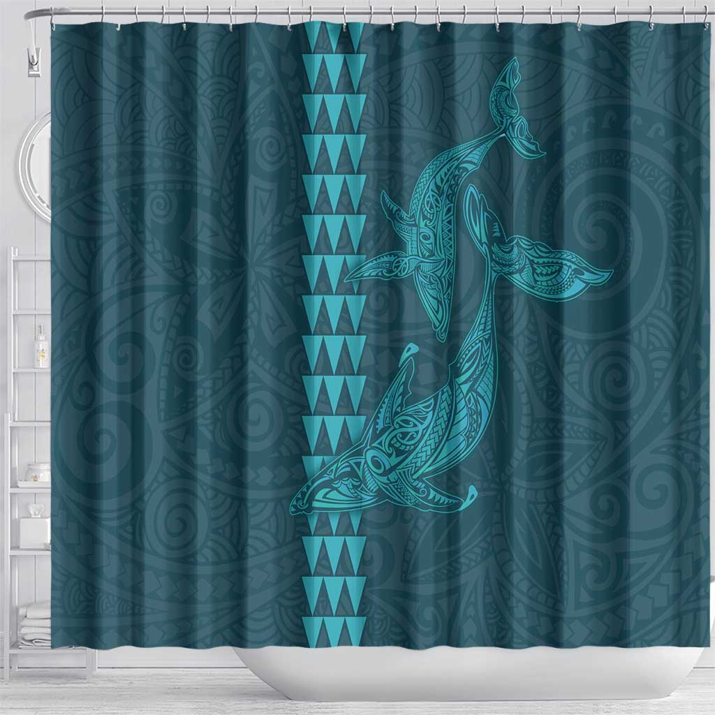 Aloha Hawaii Whale Kakau and Polynesian Tattoo Shower Curtain Turquoise Color