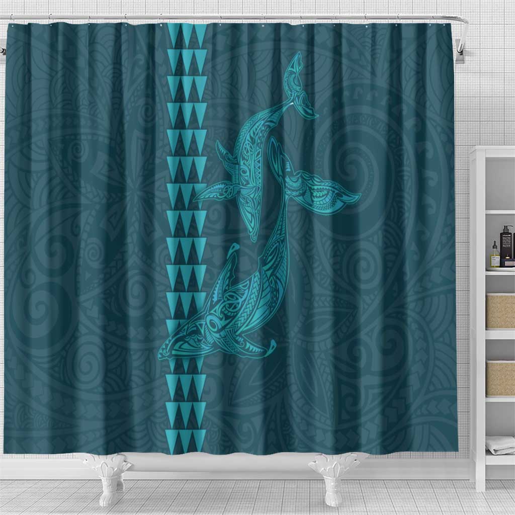 Aloha Hawaii Whale Kakau and Polynesian Tattoo Shower Curtain Turquoise Color