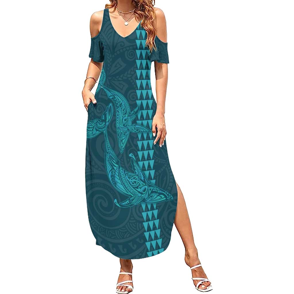 Aloha Hawaii Whale Kakau and Polynesian Tattoo Summer Maxi Dress Turquoise Color LT03 Women Turquoise - Polynesian Pride
