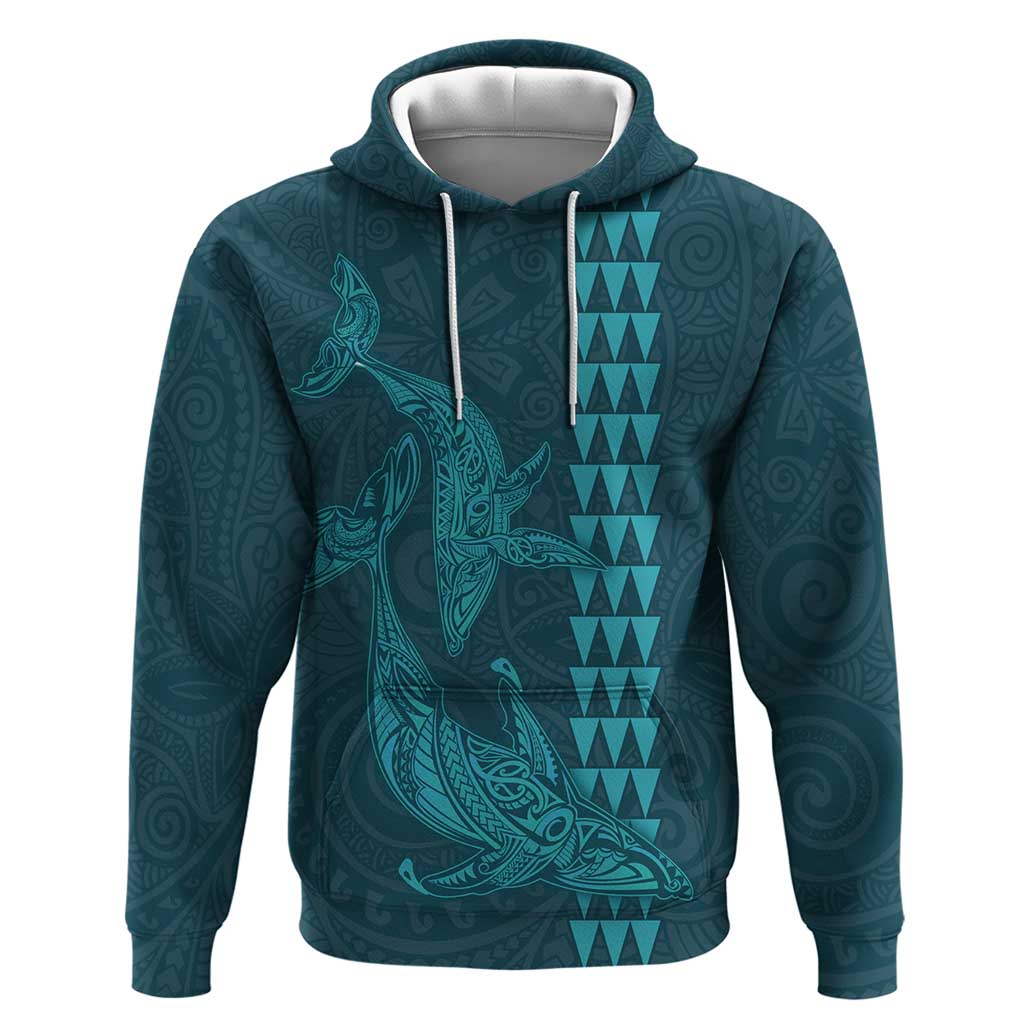 Aloha Hawaii Whale Kakau and Polynesian Tattoo Zip Hoodie Turquoise Color