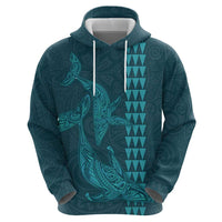 Aloha Hawaii Whale Kakau and Polynesian Tattoo Zip Hoodie Turquoise Color