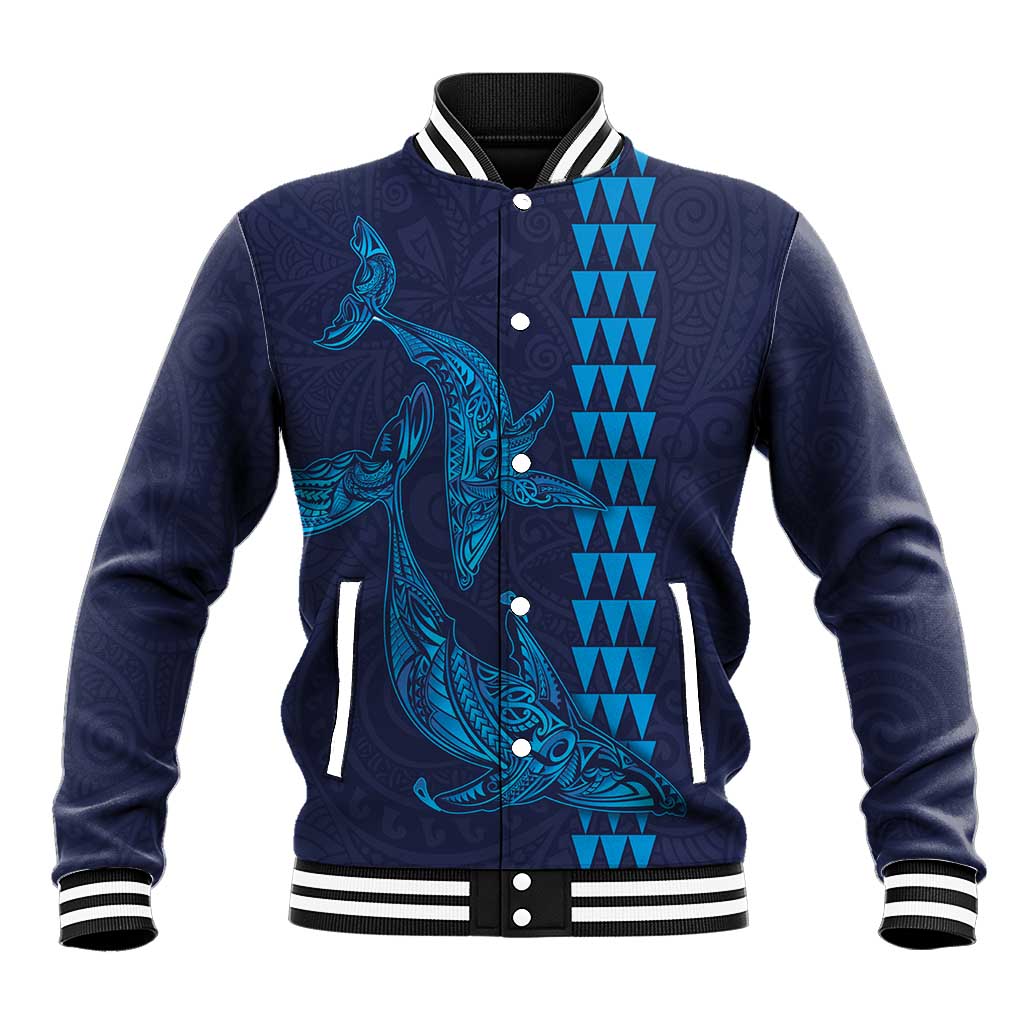 Aloha Hawaii Whale Kakau and Polynesian Tattoo Baseball Jacket Dark Navy Color