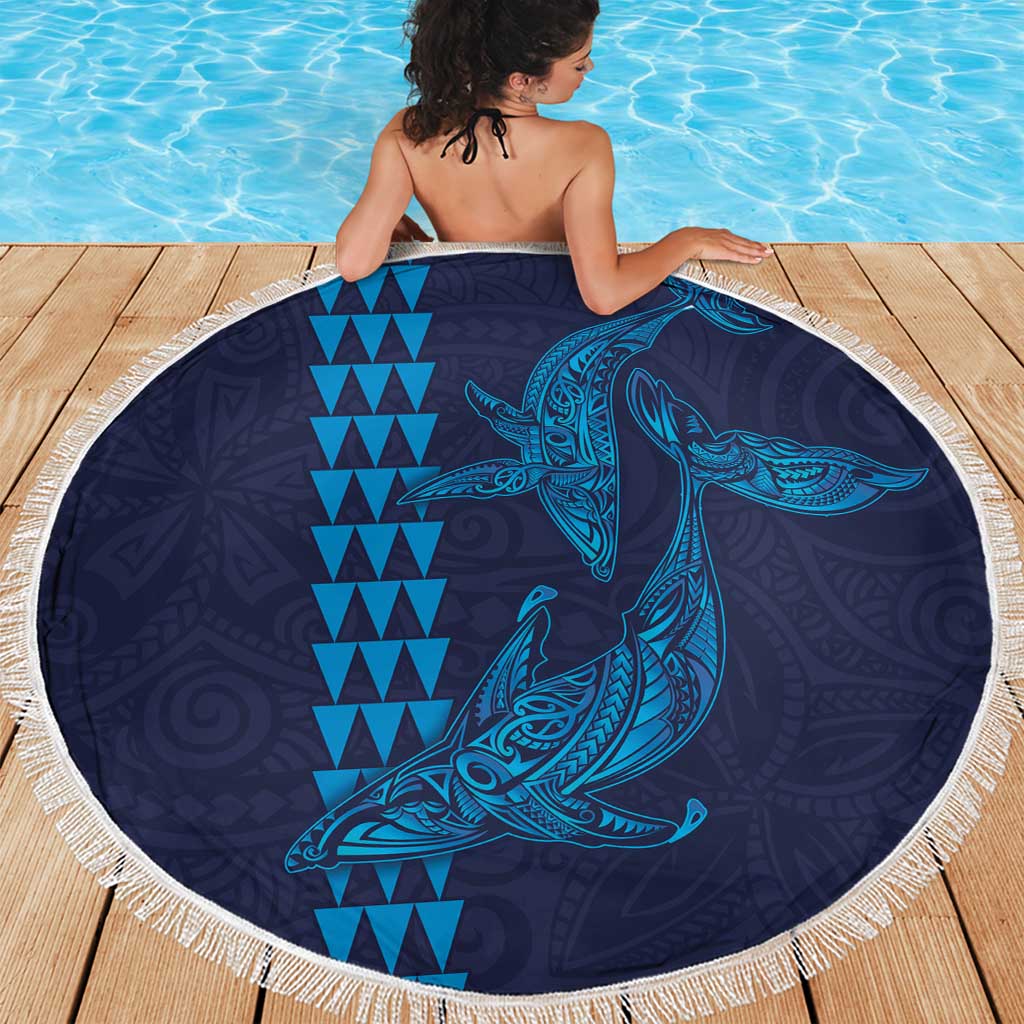 Aloha Hawaii Whale Kakau and Polynesian Tattoo Beach Blanket Dark Navy Color