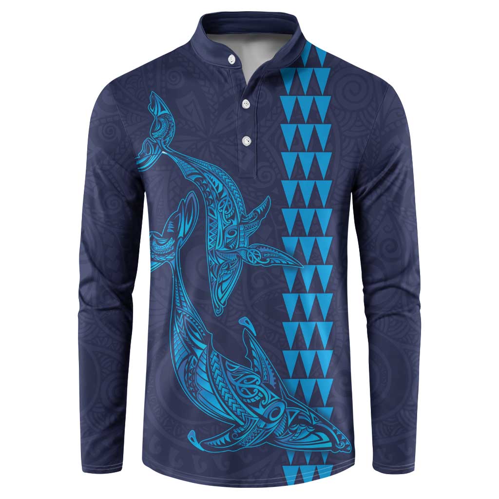 Aloha Hawaii Whale Kakau and Polynesian Tattoo Button Sweatshirt Dark Navy Color