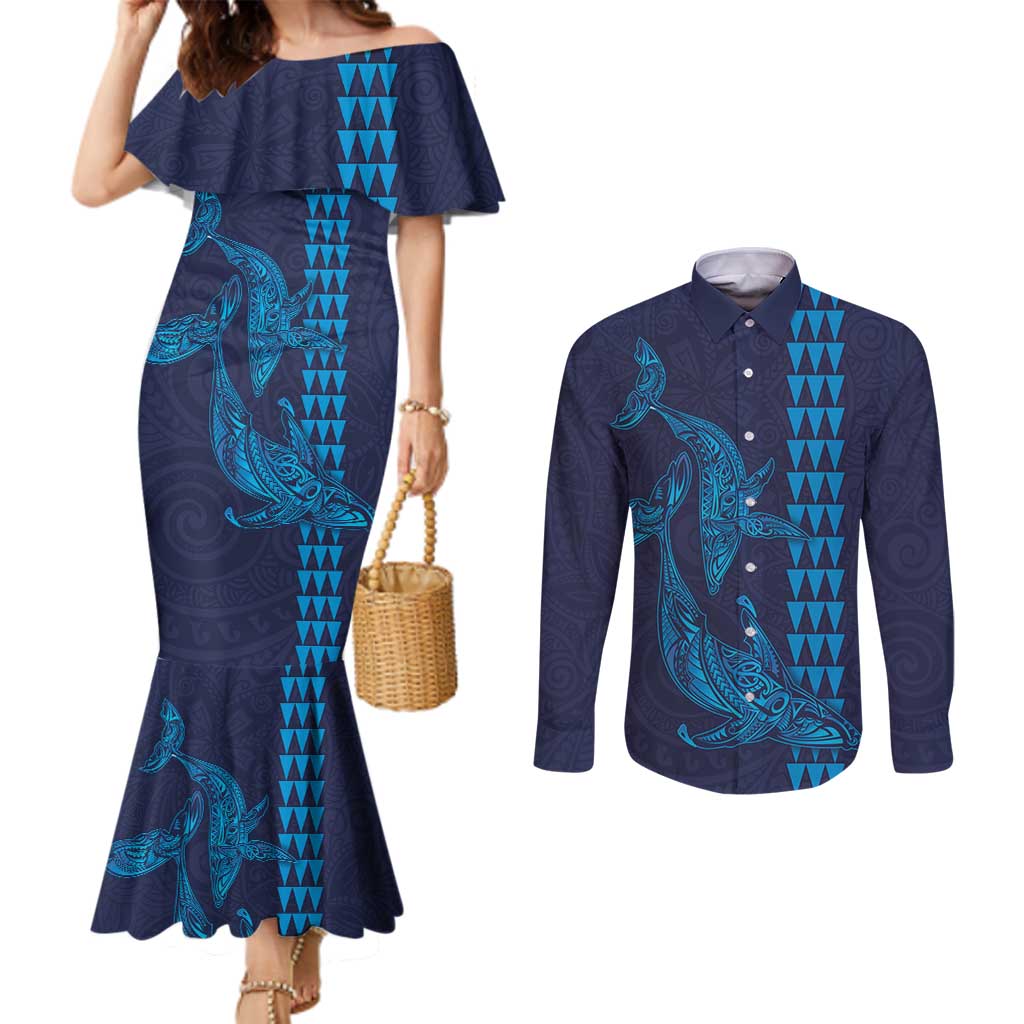 Aloha Hawaii Whale Kakau and Polynesian Tattoo Couples Matching Mermaid Dress and Long Sleeve Button Shirt Dark Navy Color LT03 Dark Navy - Polynesian Pride
